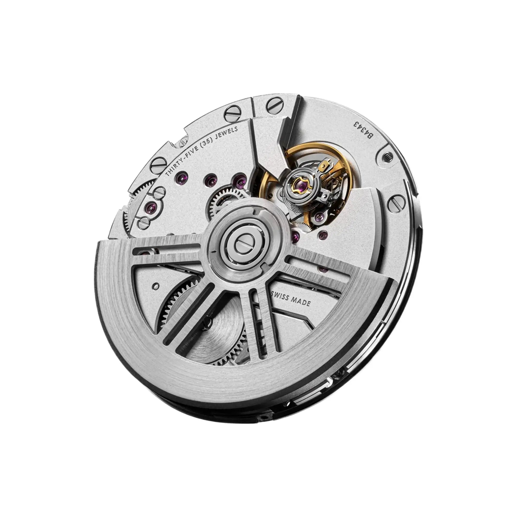 Mouvement automatique suisse Chronode C102 vu de dos, finition haut de gamme avec masse oscillante gravée en or 4N.