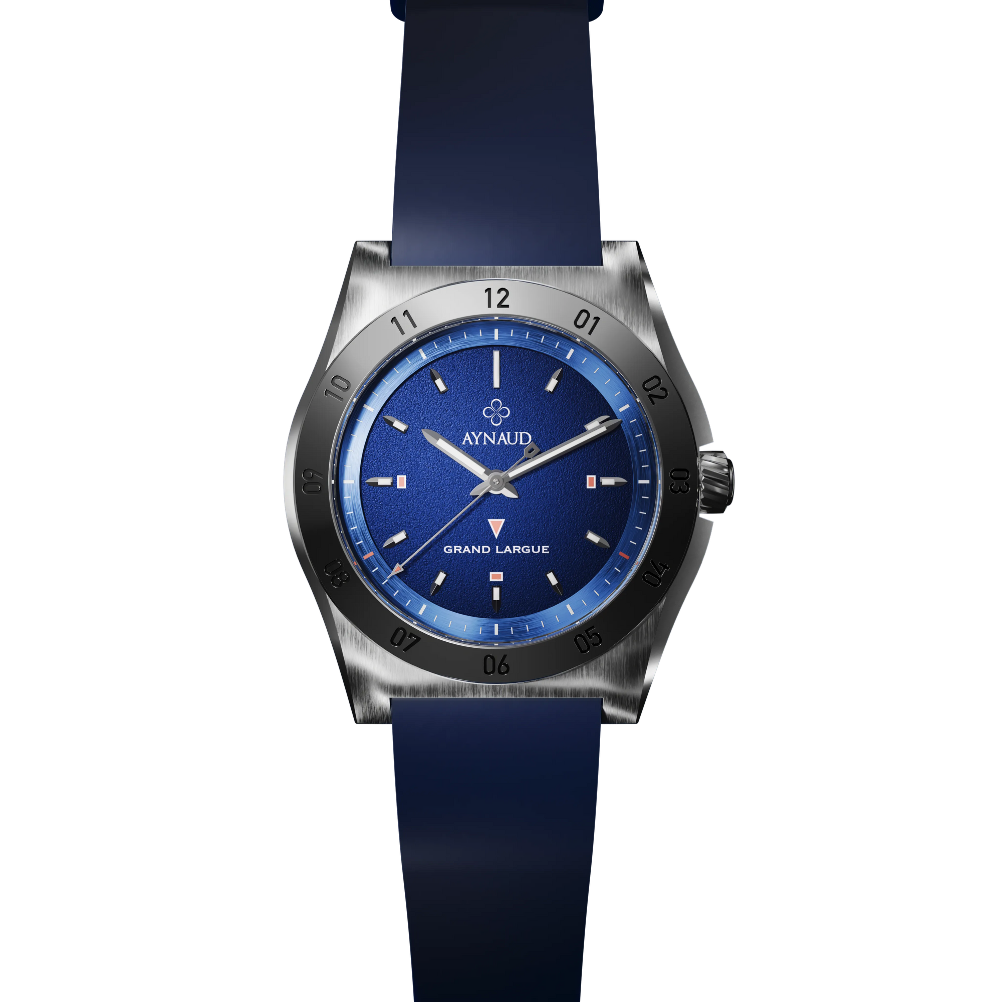Montre de yachting automatique AYNAUD modèle Grand Largue avec cadran bleu marine et bracelet en acier inoxydable. Inspiré par la voile. Mouvement Chronode C102. Boitier 904L.
